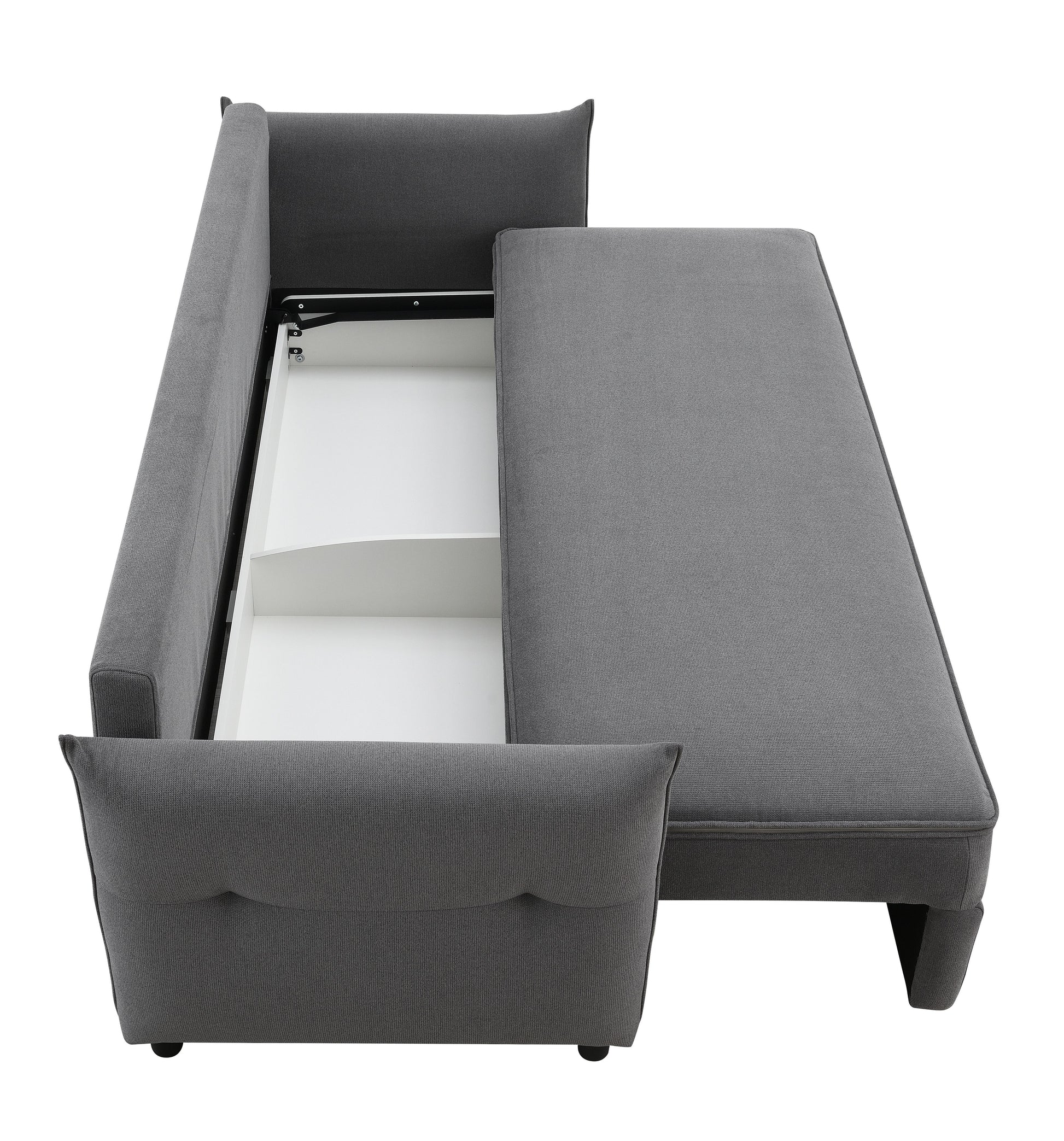 The Irina sectional sofa in gray features an L-shape with a tufted back, black legs, and a partially pulled-out chaise revealing an under-storage compartment.