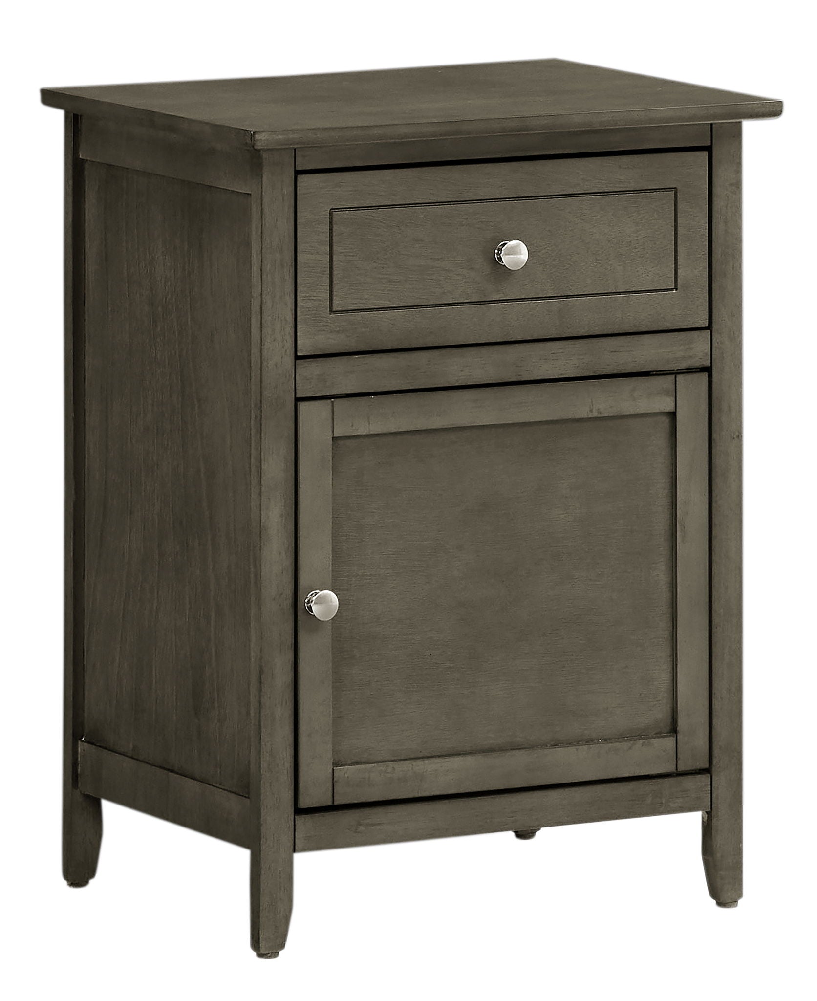 The Izzy 1 Drawer/1 Door Nightstand features a simple rectangular design, a muted gray-brown finish, and round metal knobs on both the single drawer and cabinet door.
