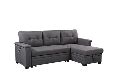 The Nathan Reversible Sleeper Sectional Sofa features a modern dark gray design, tufted cushions, storage chaise, USB charging ports, a left armrest pocket, and short black legs for a clean look.