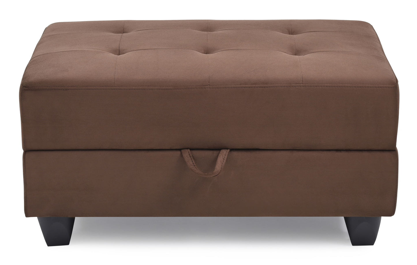 The Stylish Storage Contemporary Ottoman is a rectangular brown ottoman featuring tufted top details, black legs, and a front pull tab for easy access to its built-in storage compartment.