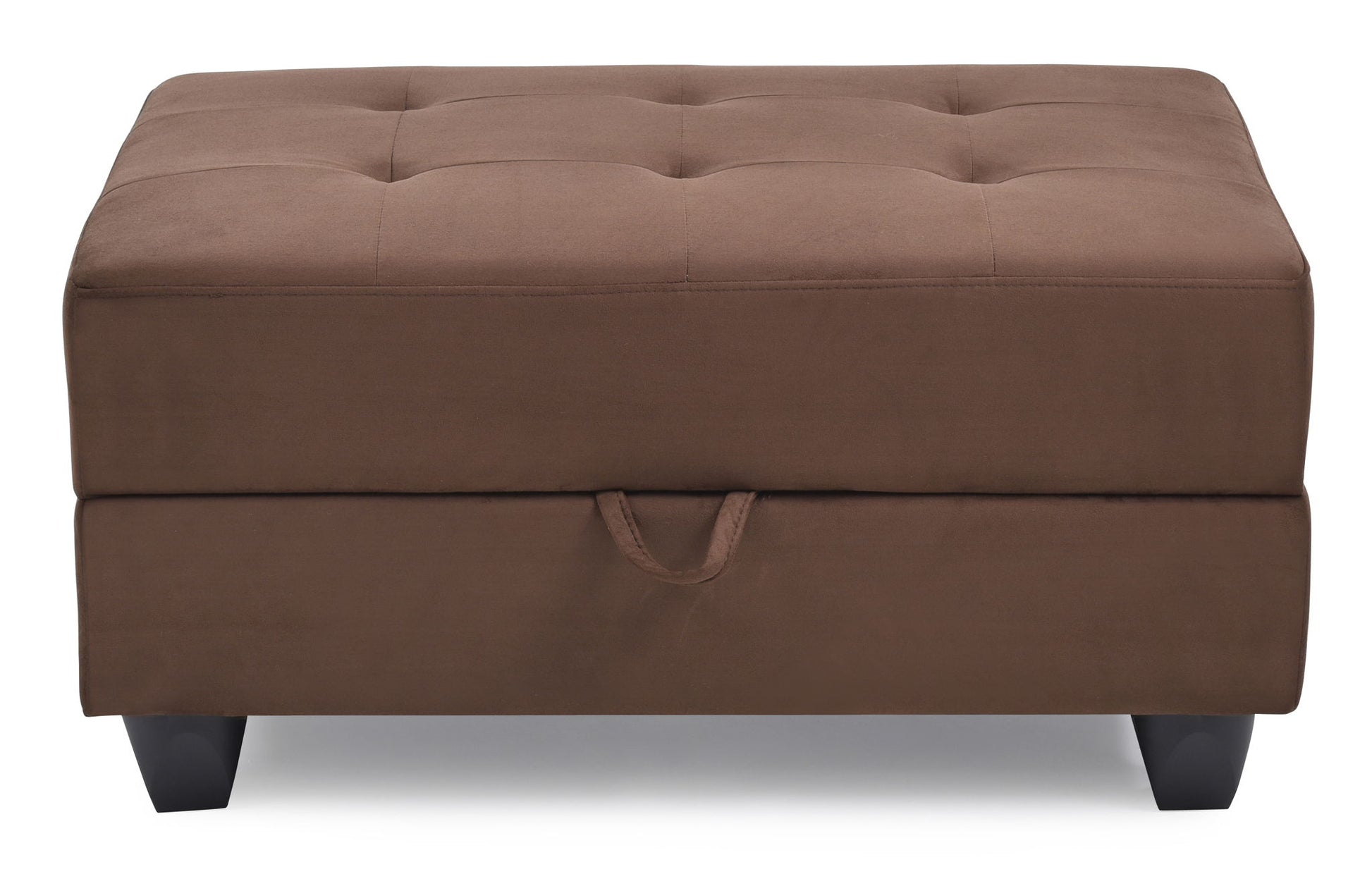 The Stylish Storage Contemporary Ottoman is a rectangular brown ottoman featuring tufted top details, black legs, and a front pull tab for easy access to its built-in storage compartment.