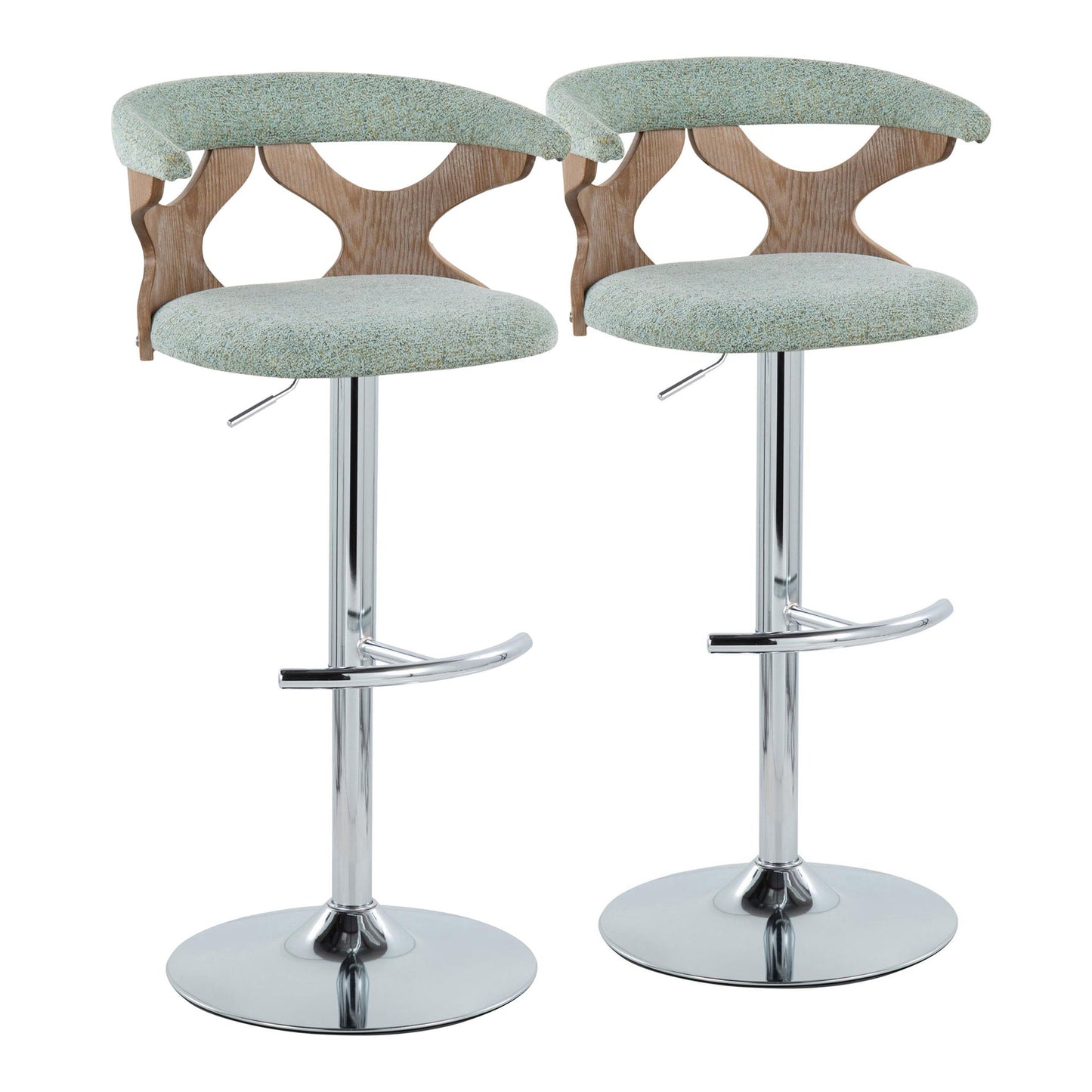 A set of two Gardenia contemporary adjustable barstools with swivel seats, light green upholstery, wooden backrests with cut-out accents, and shiny chrome bases featuring rounded T footrests, arranged side by side.