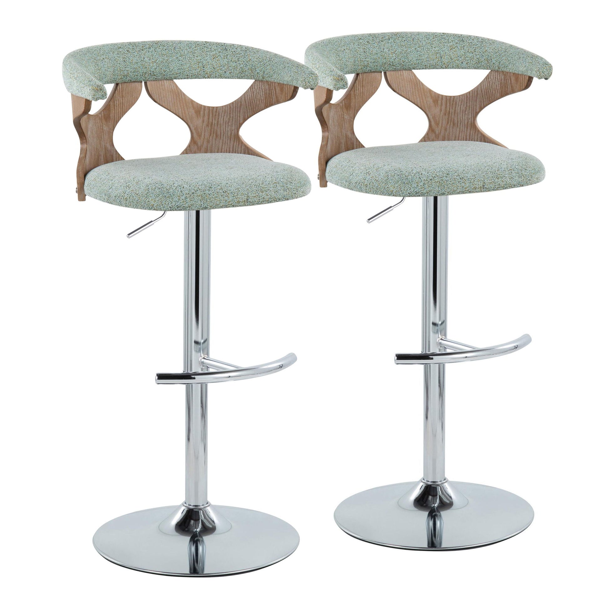 A set of two Gardenia contemporary adjustable barstools with swivel seats, light green upholstery, wooden backrests with cut-out accents, and shiny chrome bases featuring rounded T footrests, arranged side by side.