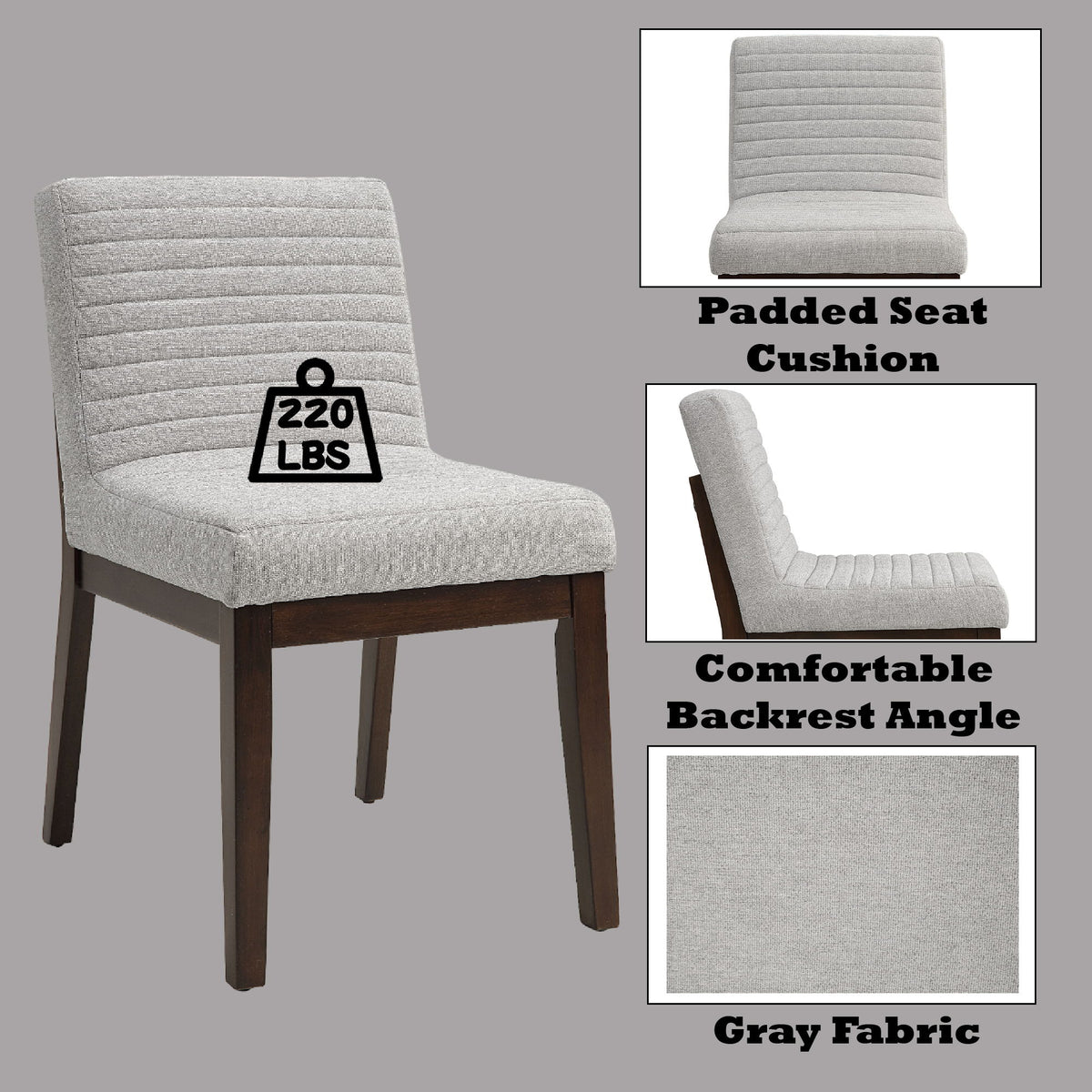 The Edwyn Linen Side Chair (Set of 2) in gray features dark wooden legs, a padded seat, angled backrest, textured linen fabric, and supports up to 220 lbs. Insets highlight the comfort and style of each chair.