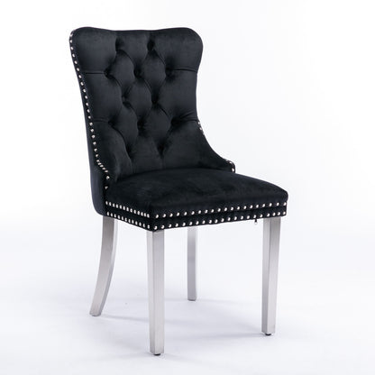 The Nikki set includes two modern, high-end dining chairs featuring black velvet upholstery, tufted backs, nailhead trim, and chrome stainless steel plated legs, shown against a white background.