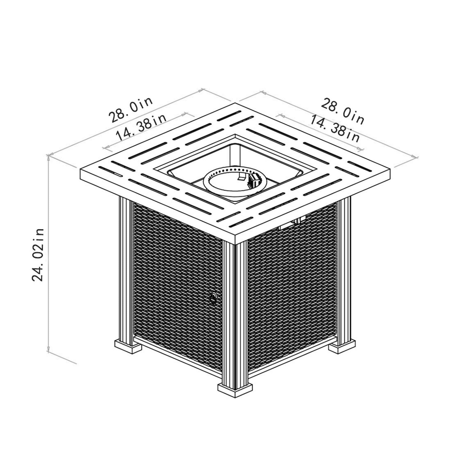 Black and white line drawing of a 28" Square Fire Pit Table - Brown, measuring 28.0"W x 28.0"D x 24.02"H with a center opening of 14.38" x 14.38".