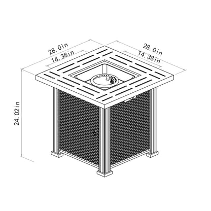 Black and white line drawing of a 28" Square Fire Pit Table - Brown, measuring 28.0"W x 28.0"D x 24.02"H with a center opening of 14.38" x 14.38".