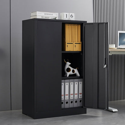 A Metal Storage Cabinet With Locking Doors and Adjustable Shelf stands open, displaying shelves with folders, binders, and a white dog figurine. A box and a "16" calendar are on top, next to a desk with a laptop.