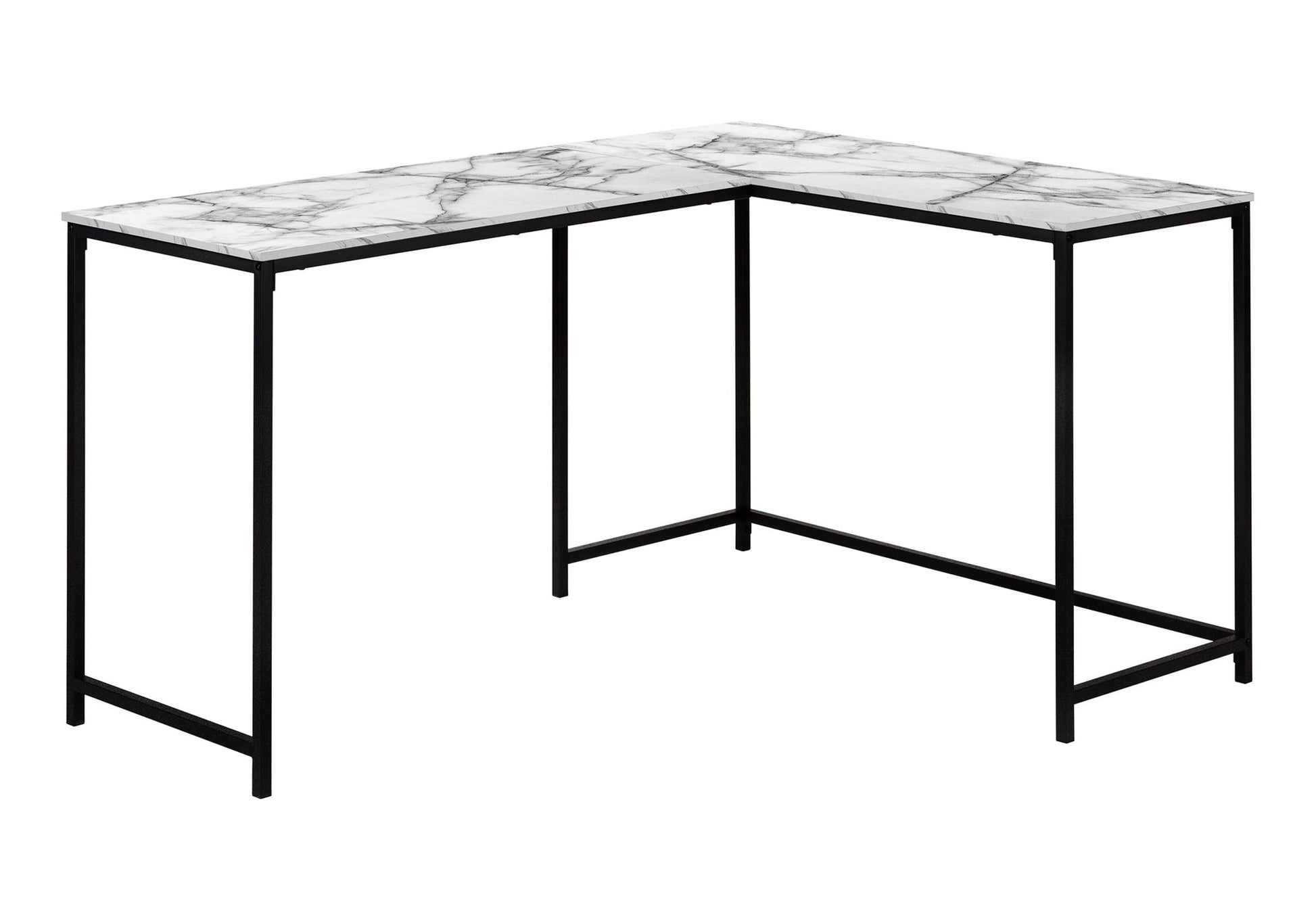 The Computer Desk Home Office features an L-shaped design with a white marble-patterned top and black metal legs, perfect for a contemporary or modern corner workspace. Shown on a plain white background.
