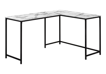 The Computer Desk Home Office features an L-shaped design with a white marble-patterned top and black metal legs, perfect for a contemporary or modern corner workspace. Shown on a plain white background.