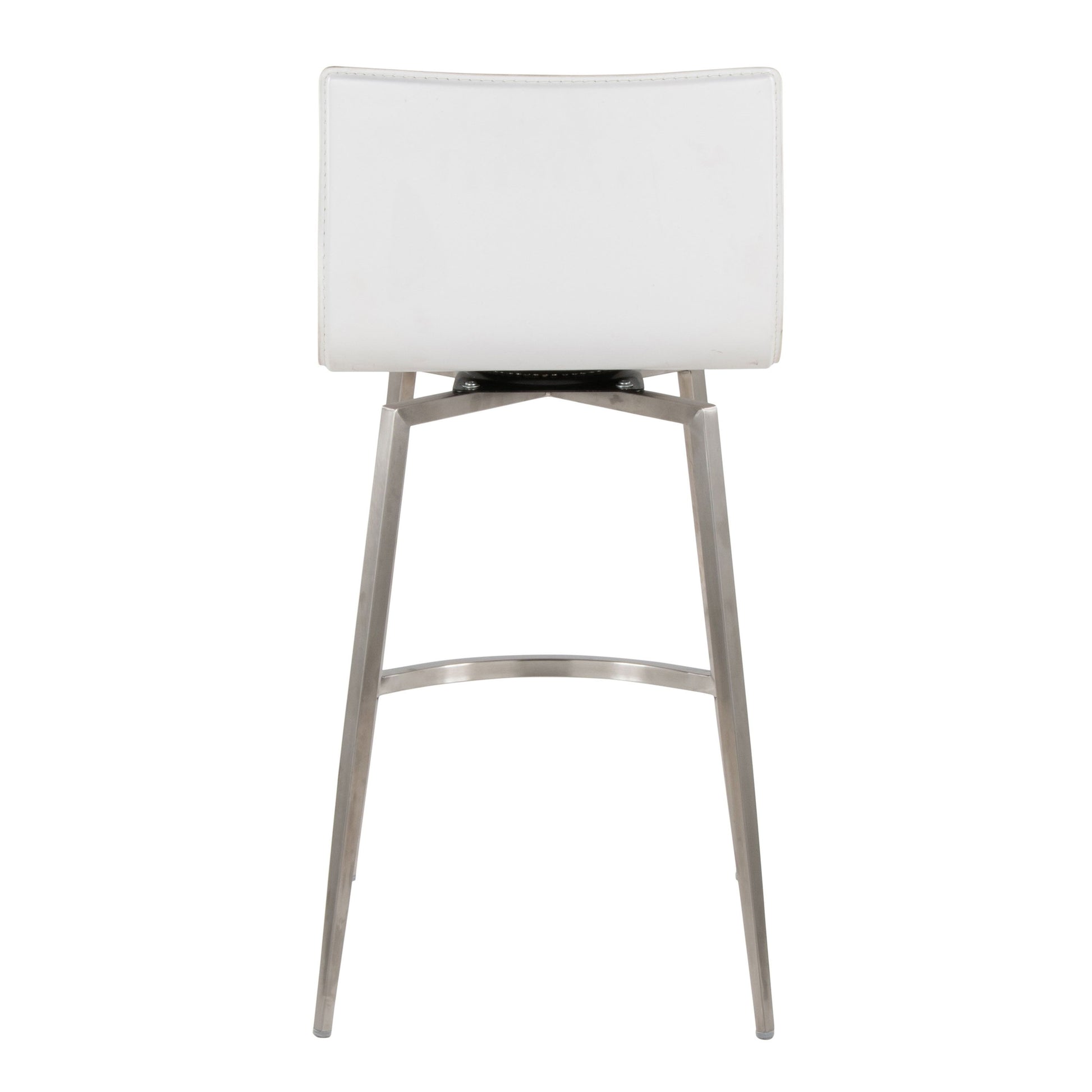 The Mara Upholstered Contemporary Counter Stool (Set of 2) in white features a rectangular backrest, metal legs, and a footrest, displayed from the back against a plain white background.