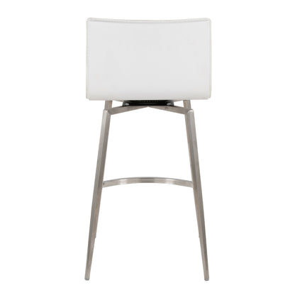 The Mara Upholstered Contemporary Counter Stool (Set of 2) in white features a rectangular backrest, metal legs, and a footrest, displayed from the back against a plain white background.