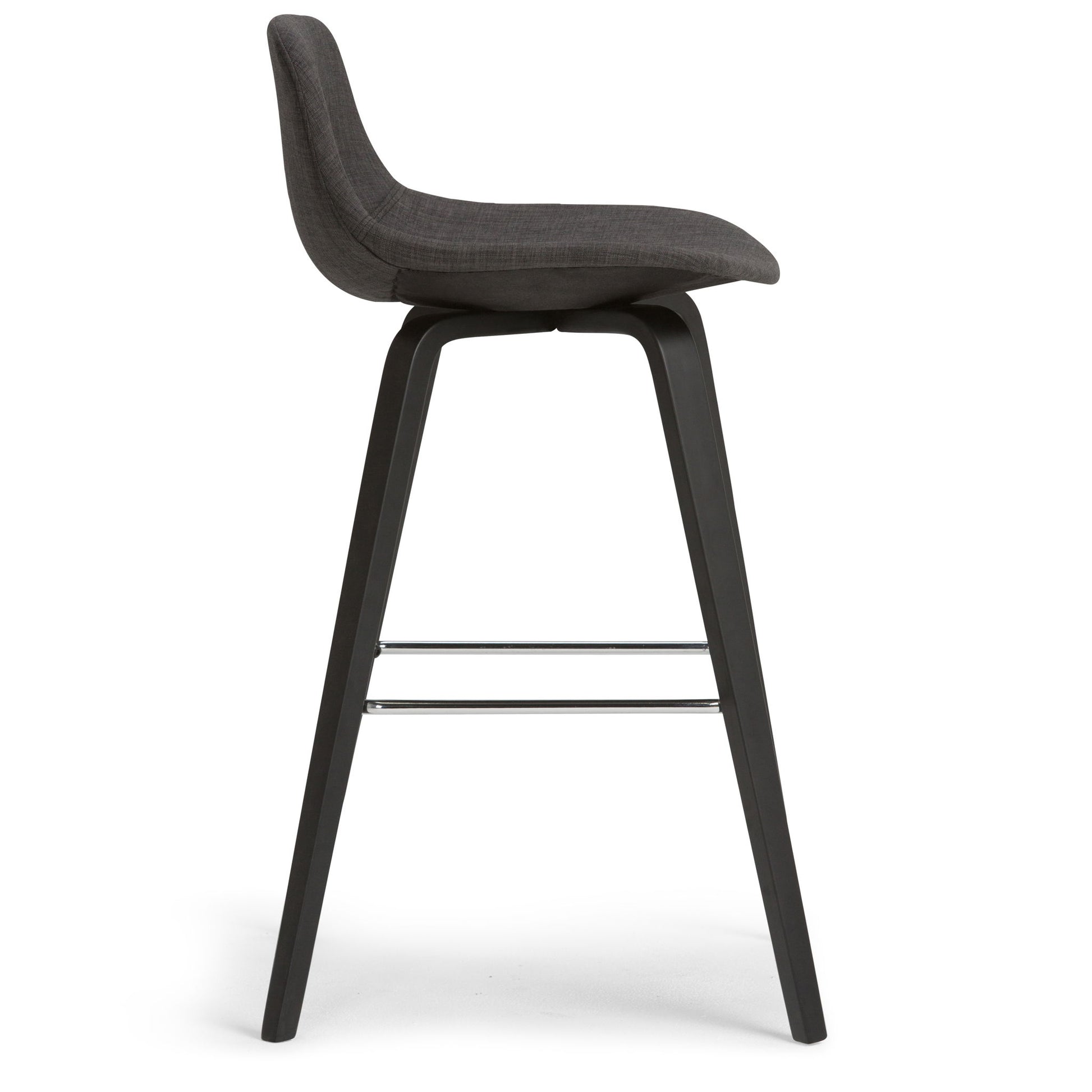 The Randolph Bentwood Counter/Bar Height Stool (Set of 2) features a dark gray upholstered seat, gently curved backrest, and four angled black wood legs with two metal footrests. Shown from the side against a white background.
