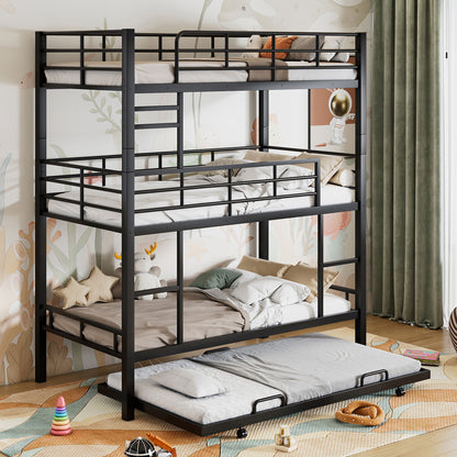 Triple Bunk Bed With Trundle, Heavy Duty Steel Construction