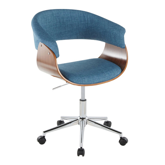 The Vintage Mod - Mid-Century Modern Office Chair features a curved wooden frame, blue upholstered seat and backrest, adjustable height lever, and a chrome base with five black caster wheels.