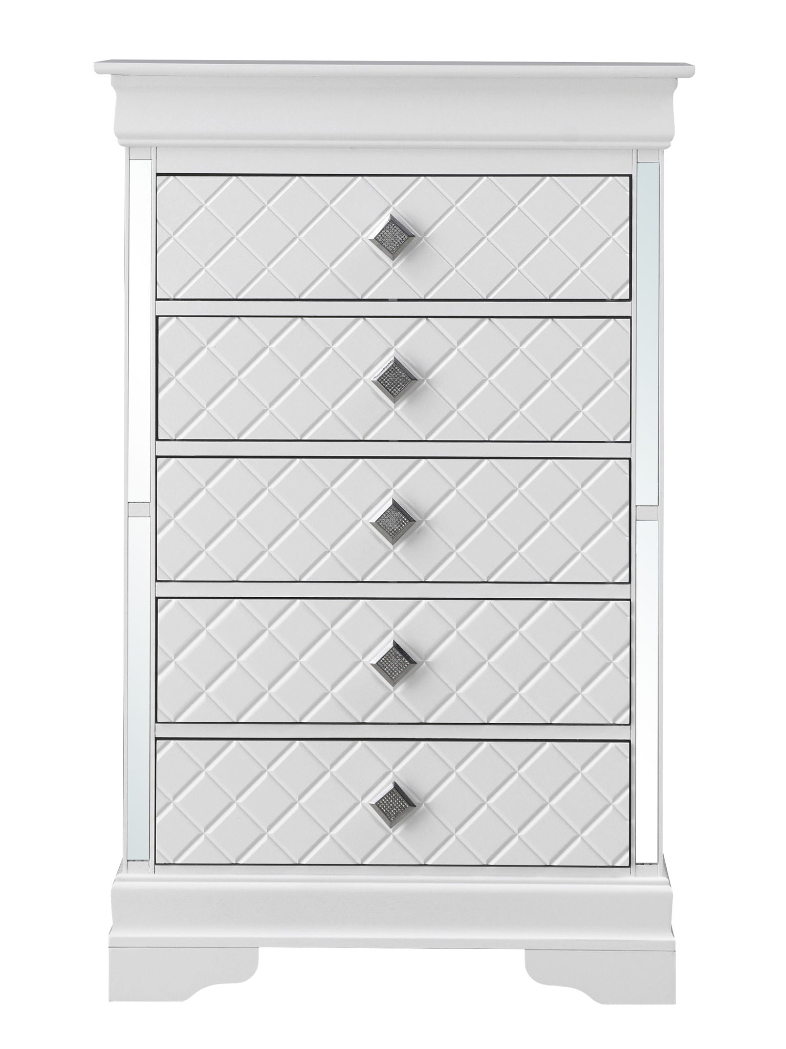 The Verona - Stylish Chest - Silver Champagne is a white five-drawer dresser with diamond-patterned fronts and silver diamond-shaped handles, offering a clean, modern look.