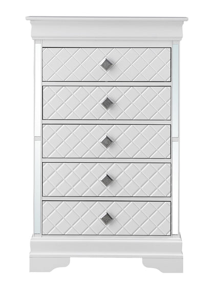 The Verona - Stylish Chest - Silver Champagne is a white five-drawer dresser with diamond-patterned fronts and silver diamond-shaped handles, offering a clean, modern look.