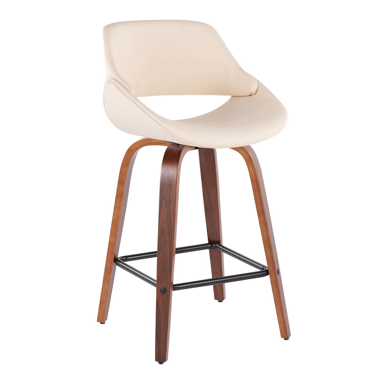 The Fabrico Mid-Century Modern Counter Stool (Set of 2) features a curved light beige cushioned seat, walnut-finished wooden legs, and a black metal footrest.