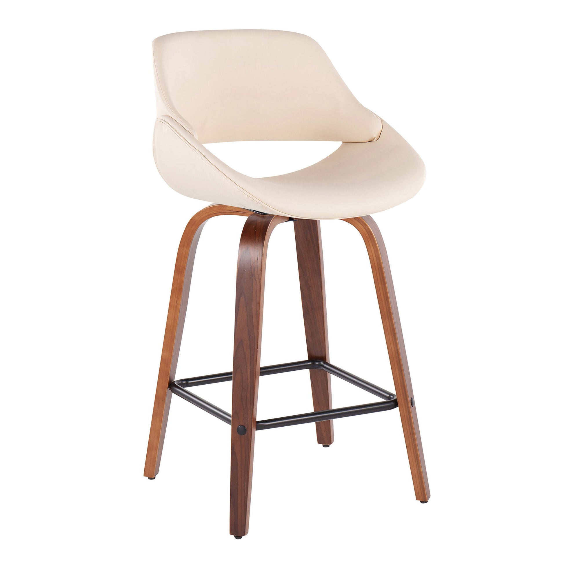 The Fabrico Mid-Century Modern Counter Stool (Set of 2) features a curved light beige cushioned seat, walnut-finished wooden legs, and a black metal footrest.