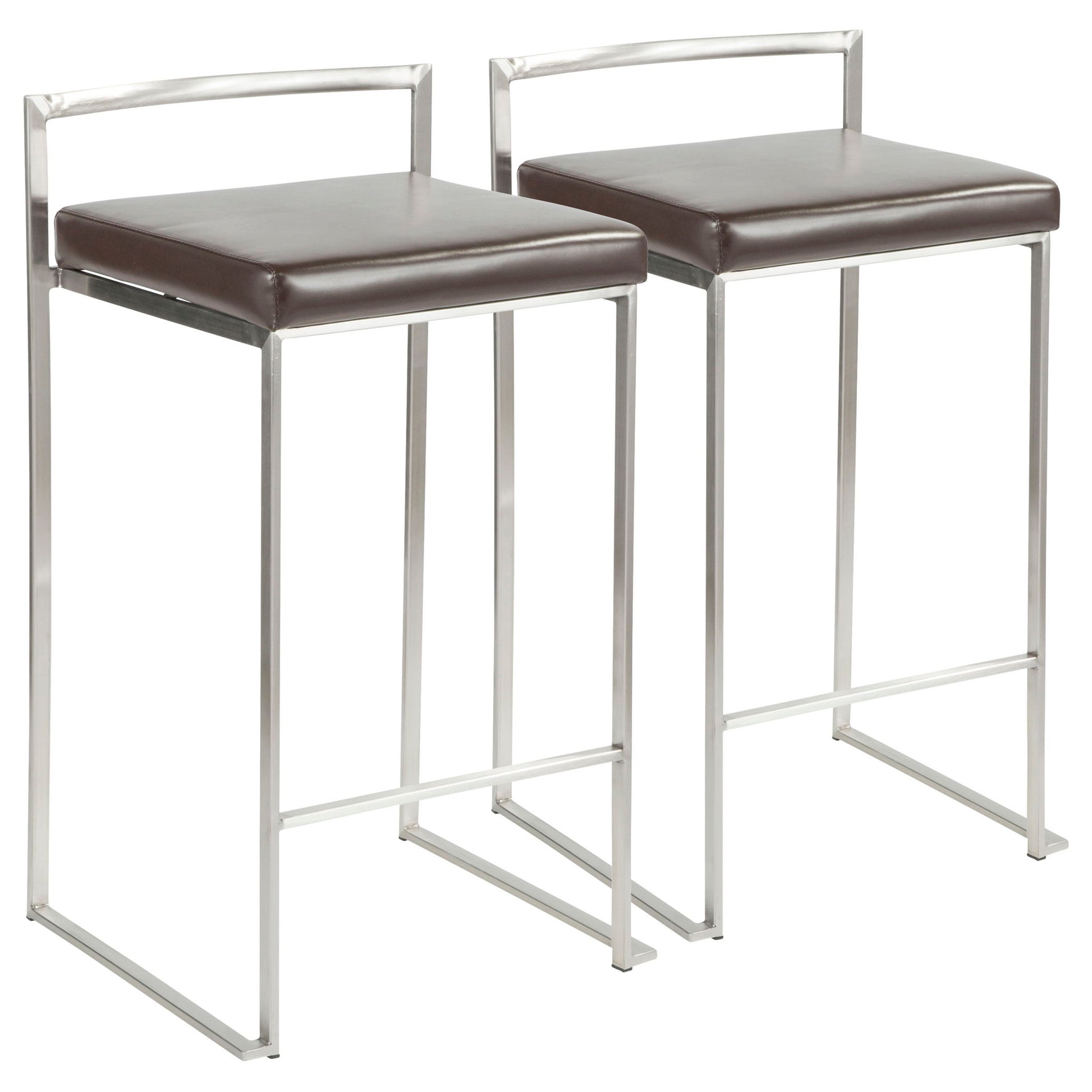 The Fuji Contemporary Stackable Elegant Counter Stool (Set of 2) features sleek metal frames, minimalist backrests, and dark brown square cushioned seats, stylishly displayed side by side against a white background.