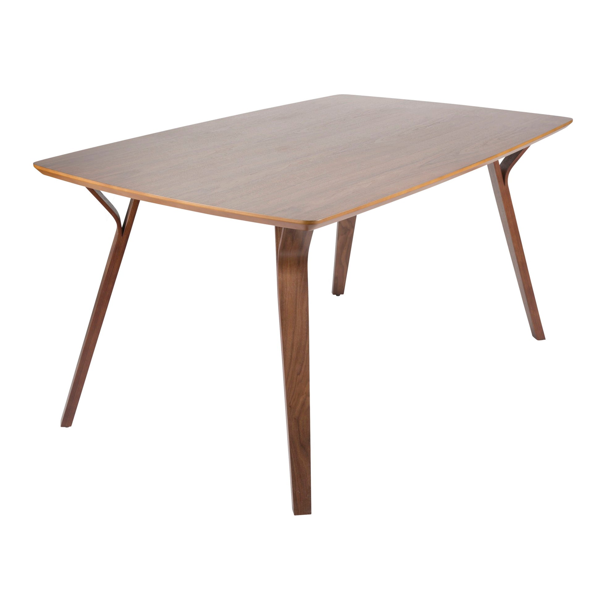 The Folia Bacci 5 Piece Mid-Century Modern Dining Set in Walnut and Cream features a rectangular table with a smooth surface, four angled legs, and minimalist mid-century modern design.