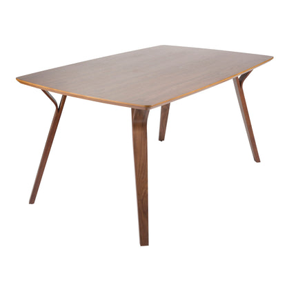 The Folia Bacci 5 Piece Mid-Century Modern Dining Set in Walnut and Cream features a rectangular table with a smooth surface, four angled legs, and minimalist mid-century modern design.