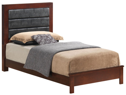 The Transitional Modern Design Bed features a wooden frame with a dark padded headboard, neatly dressed in beige and gray bedding, a gray patterned throw pillow, and two standard pillows stacked at the head.