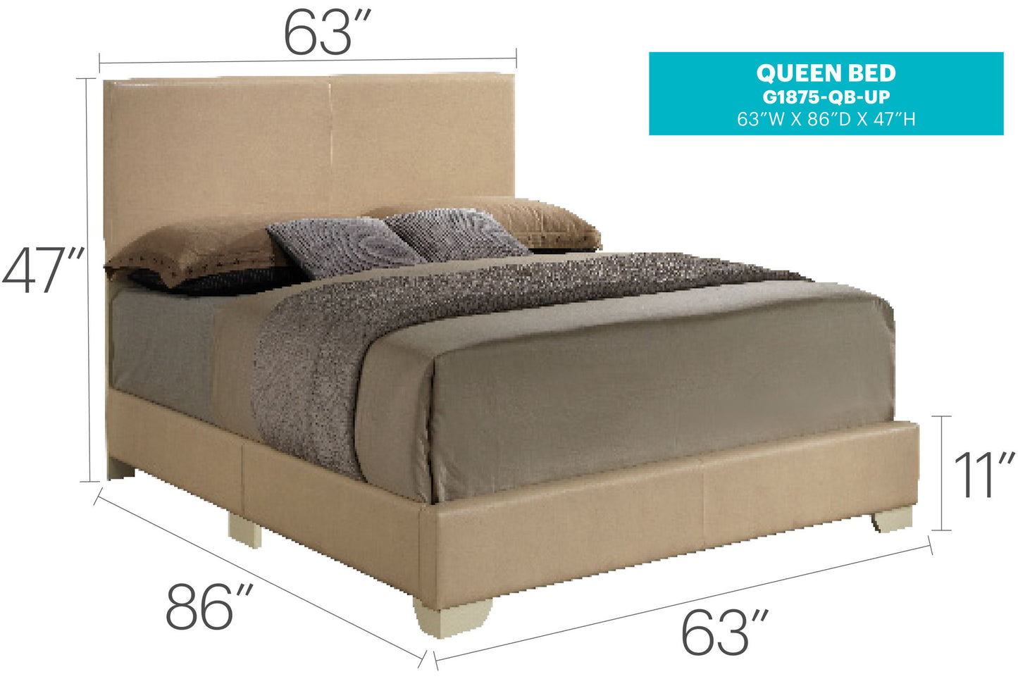 The Elegant Platform Bed For Relaxed Spaces is shown in beige upholstery with pillows and blankets. Dimensions: 63"W x 86"D x 47"H headboard, 11"H base. Label: "QUEEN BED, 63''W x 86''D x 47''H.