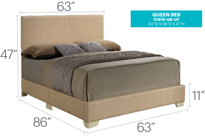 The Elegant Platform Bed For Relaxed Spaces is shown in beige upholstery with pillows and blankets. Dimensions: 63"W x 86"D x 47"H headboard, 11"H base. Label: "QUEEN BED, 63''W x 86''D x 47''H.