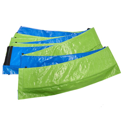 Four 14Ft trampolines for adults and kids, each with a basketball hoop, ladder, safety net, and double-side blue cover, are arranged overlapping on a white background.