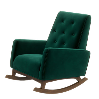The Demetrius Solid Wood Rocking Chair features a modern green velvet design with a button-tufted backrest, wide cushioned armrests, and a curved wooden base.