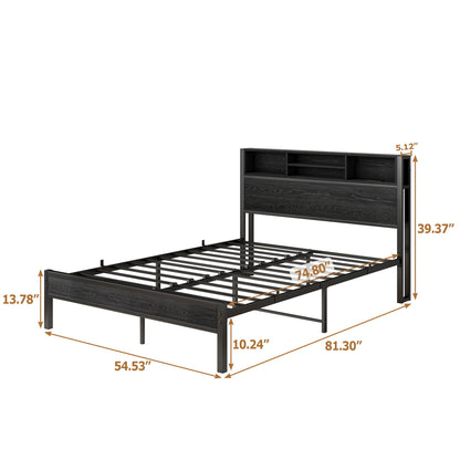 Modern Metal Platform Bed Frame With Storage Headboard And Charging Station