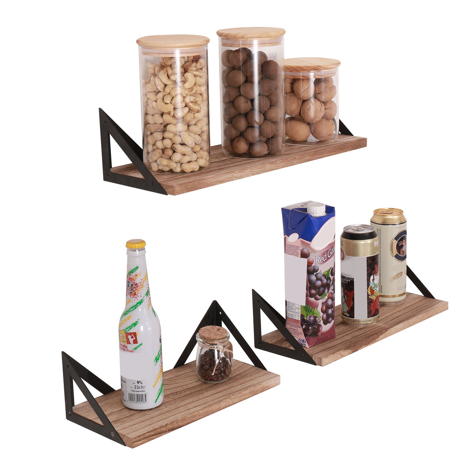 A set of three Floating Shelves, Long Wall Shelves (Natural Wood) are wall mounted with brackets in a minimalist display holding jars of nuts, beverage cans, a bottled drink, a small jar, and a carton.