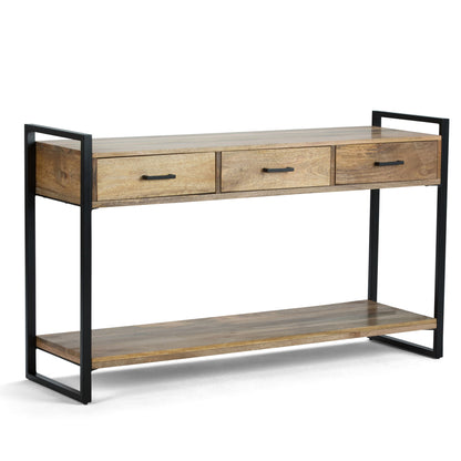 The Riverside Table features a modern wooden top, three drawers with black handles, an open lower shelf, and a sleek black metal frame.