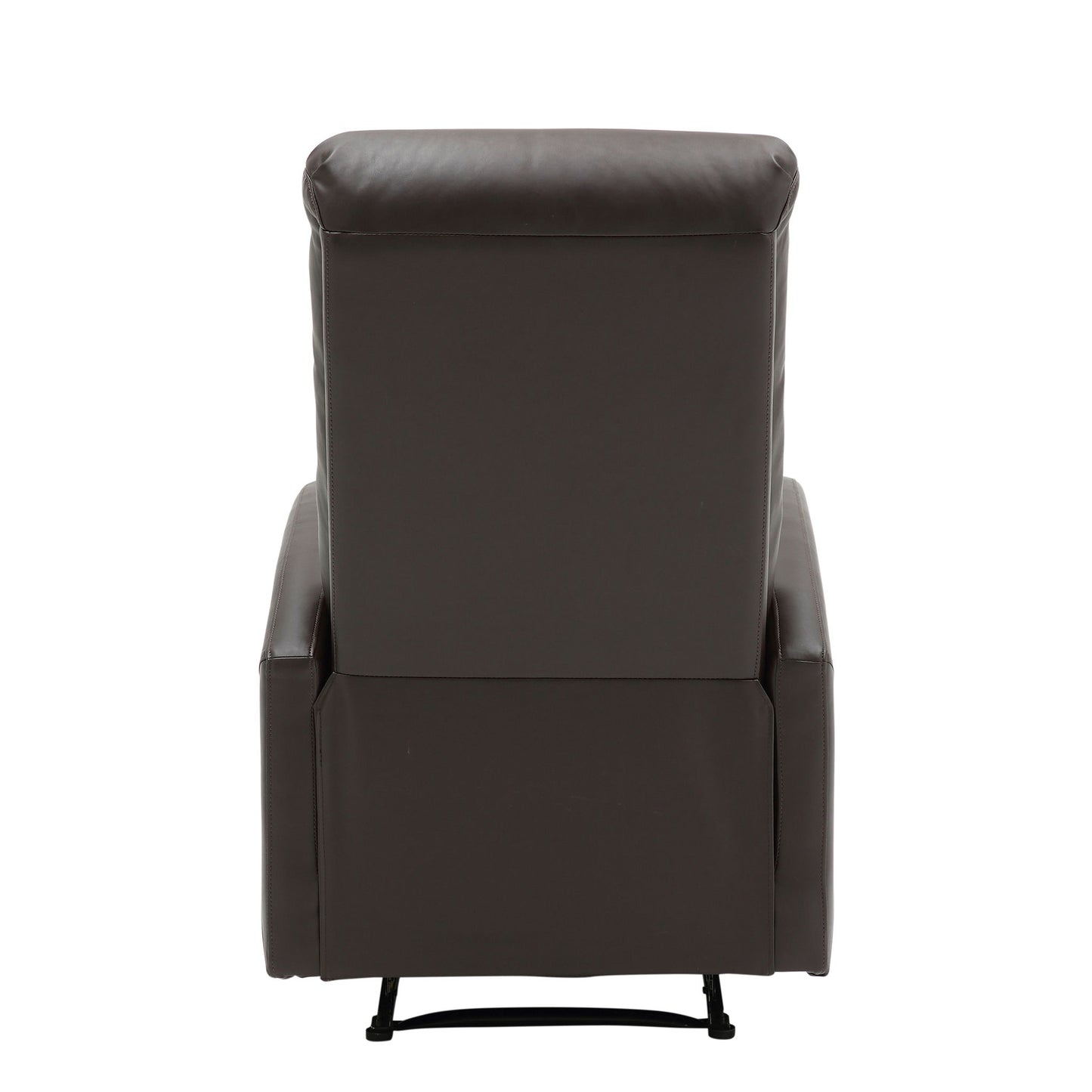 The Dormi - Contemporary Recliner Chair is a dark brown leather recliner shown from the back, featuring a high cushioned backrest and wide armrests, set against a plain white background.