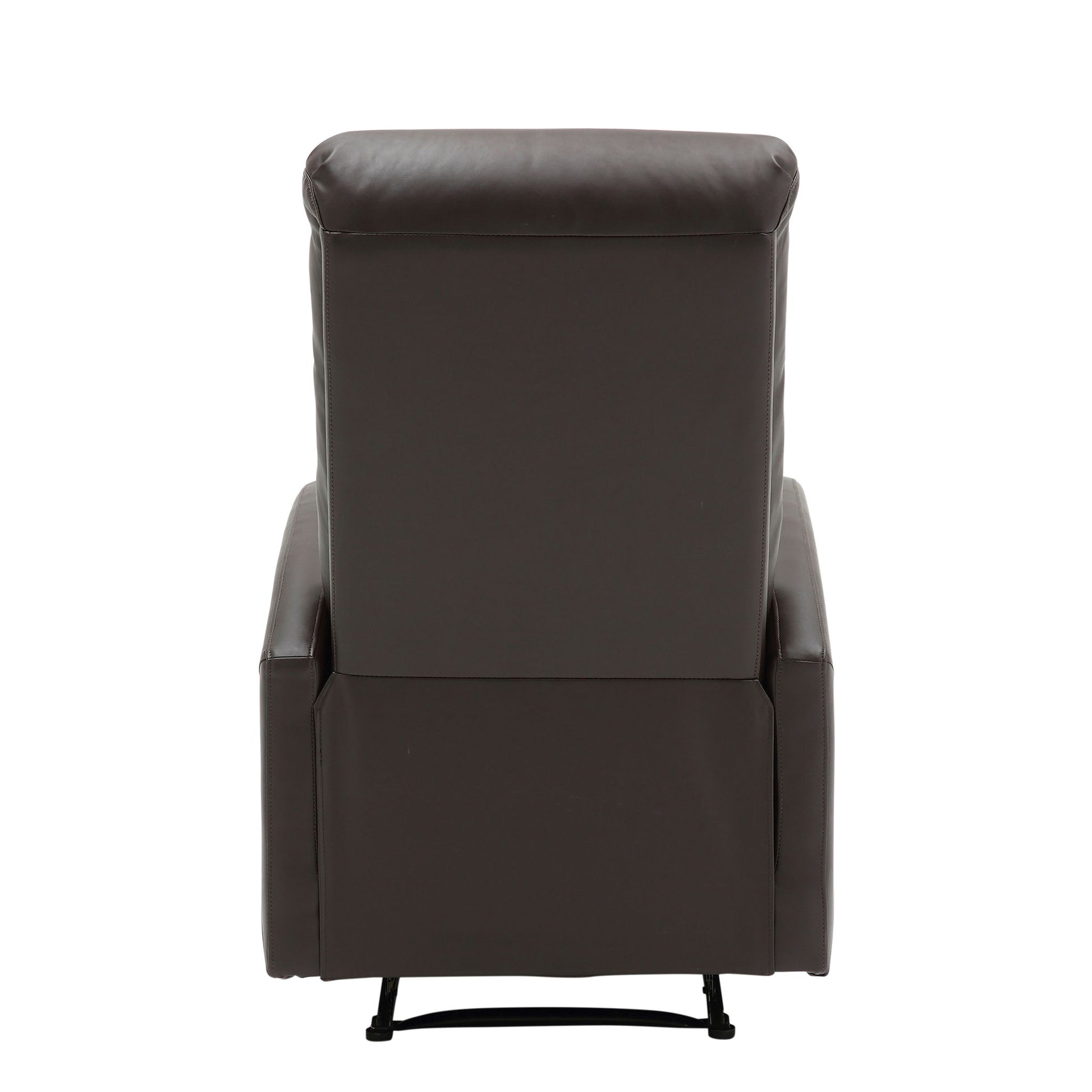 The Dormi - Contemporary Recliner Chair is a dark brown leather recliner shown from the back, featuring a high cushioned backrest and wide armrests, set against a plain white background.