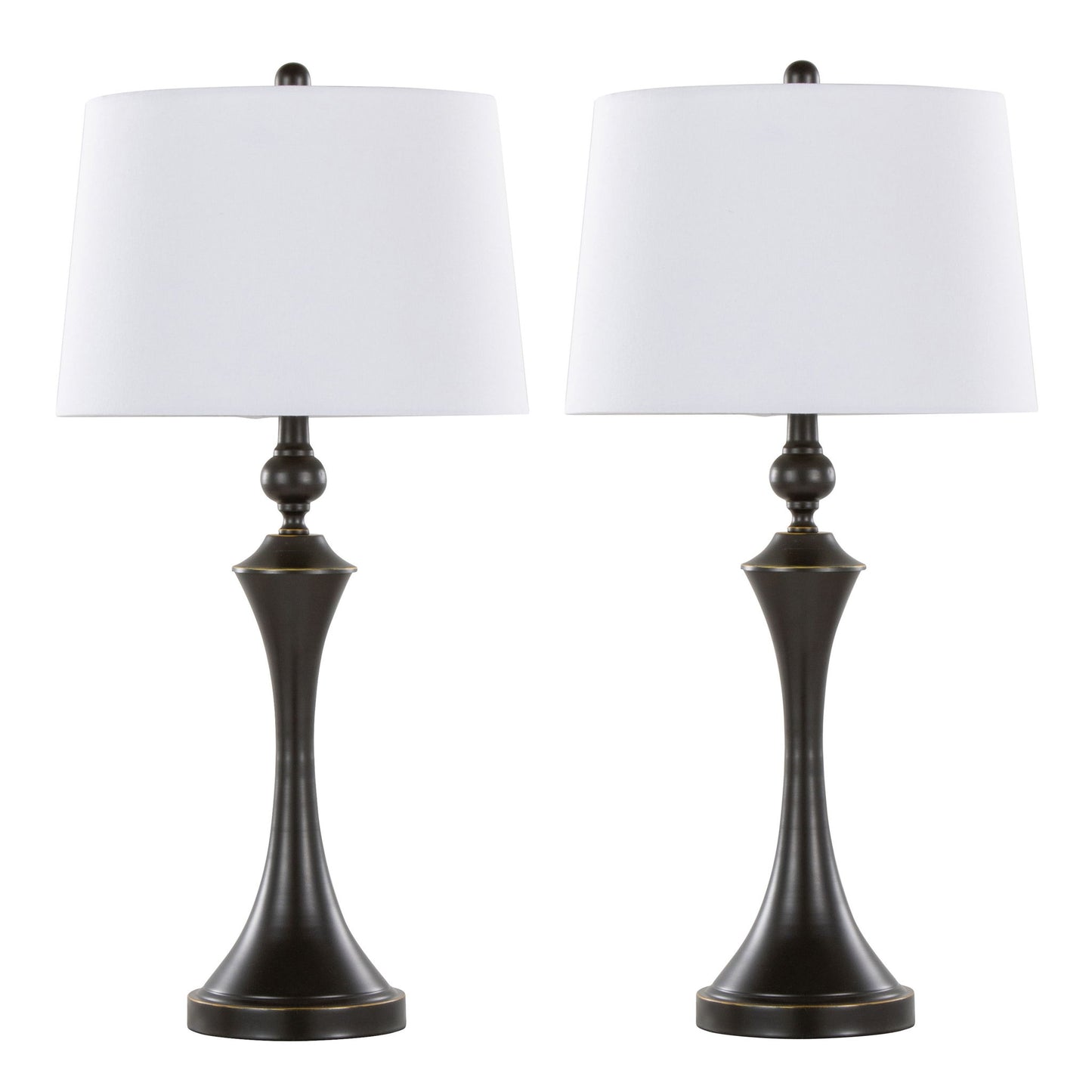 The Flint Contemporary Table Lamp set of 2 features dark metallic bases, white fabric lampshades, and built-in USB ports, displayed against a plain white background.