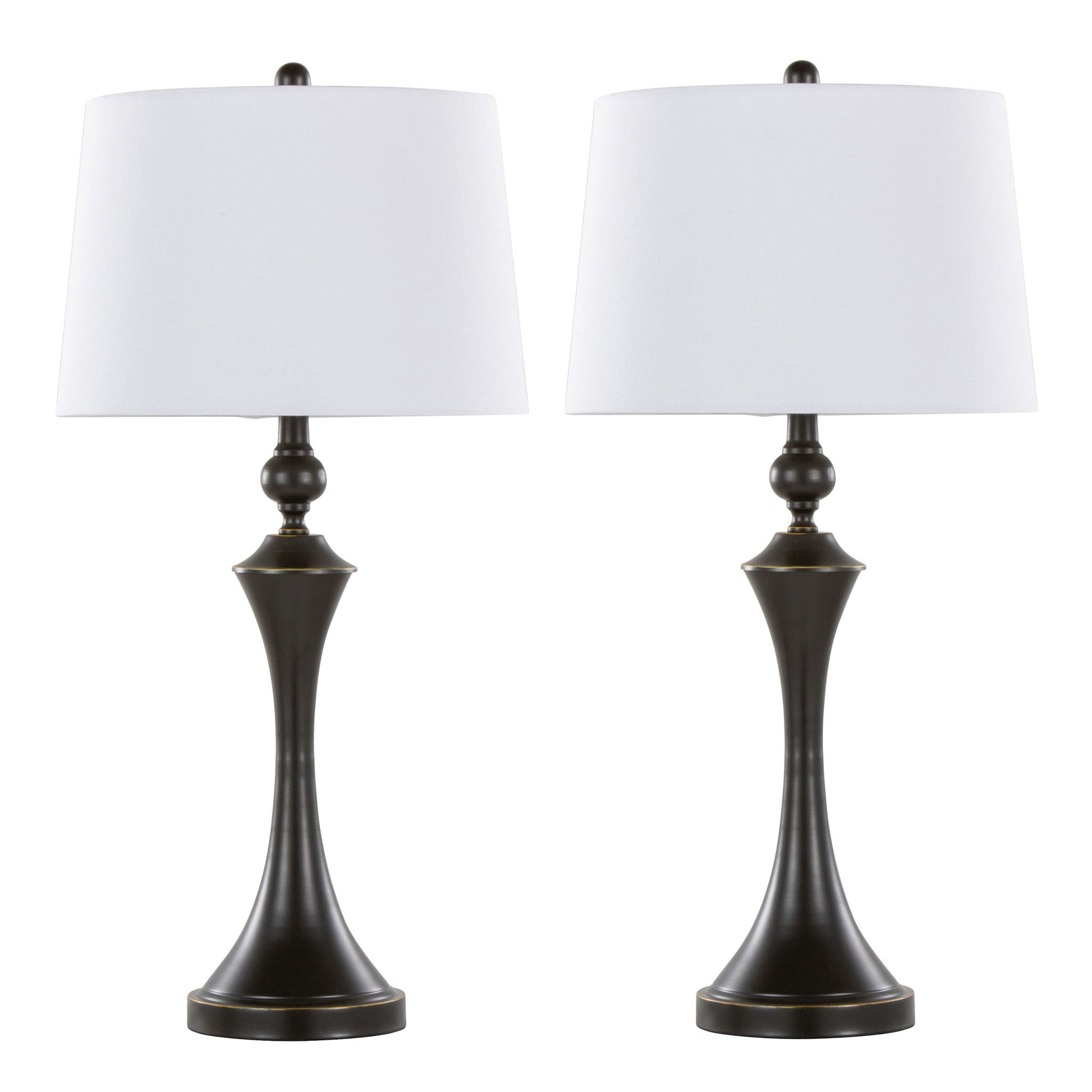 The Flint Contemporary Table Lamp set of 2 features dark metallic bases, white fabric lampshades, and built-in USB ports, displayed against a plain white background.