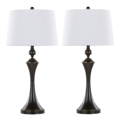 The Flint Contemporary Table Lamp set of 2 features dark metallic bases, white fabric lampshades, and built-in USB ports, displayed against a plain white background.