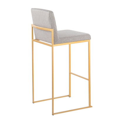 The Fuji - Contemporary Design High Back Barstool (Set of 2) features a gold metal frame and light gray upholstered seat and backrest, displayed from a rear side angle on a white background.