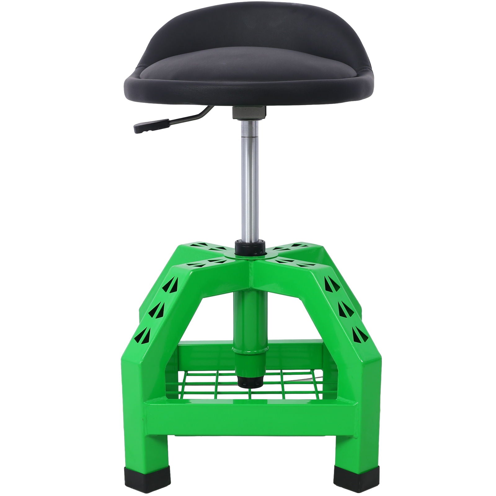 The Pneumatic 360 Degree Swivel Stool is a black cushioned, adjustable mechanics seat with a lever, featuring a sturdy green metal base with grid platform and geometric cutouts. This heavy-duty rolling creeper stool has casters for easy mobility.