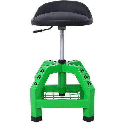 The Pneumatic 360 Degree Swivel Stool is a black cushioned, adjustable mechanics seat with a lever, featuring a sturdy green metal base with grid platform and geometric cutouts. This heavy-duty rolling creeper stool has casters for easy mobility.