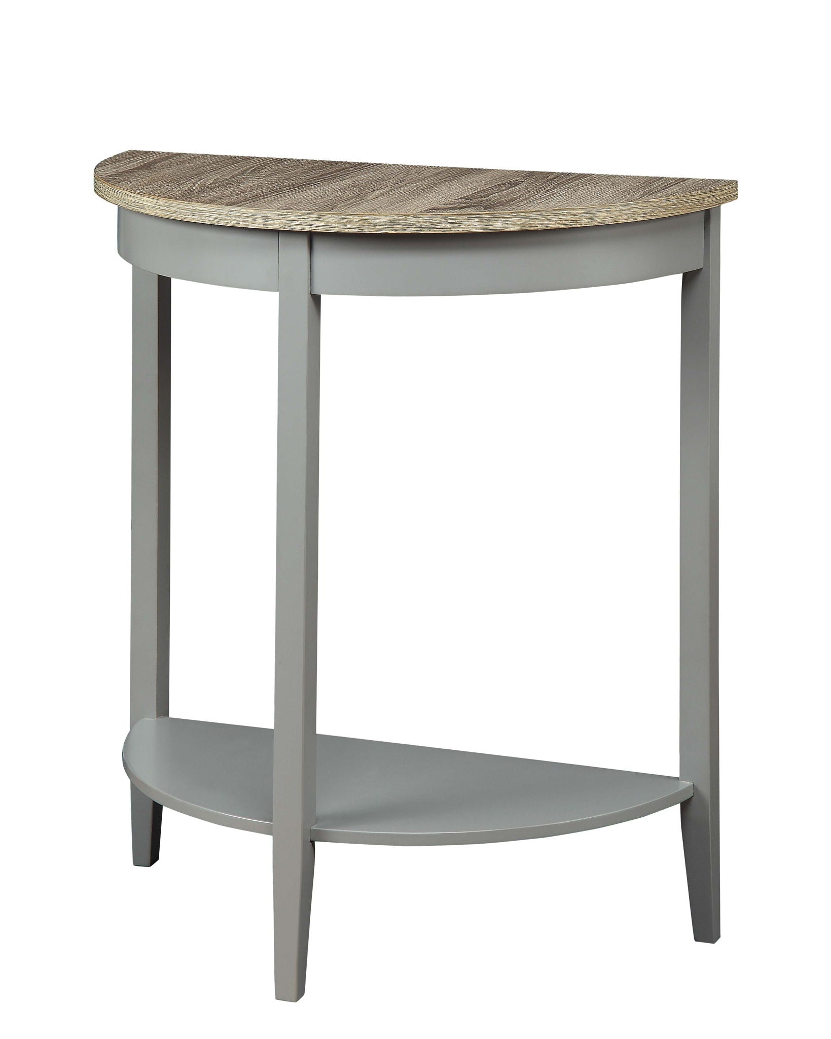 The Justino - Console Table in Gray/Oak features a half-moon shape with a light oak top, gray legs, and a matching lower shelf. Its simple, modern design complements contemporary interiors.