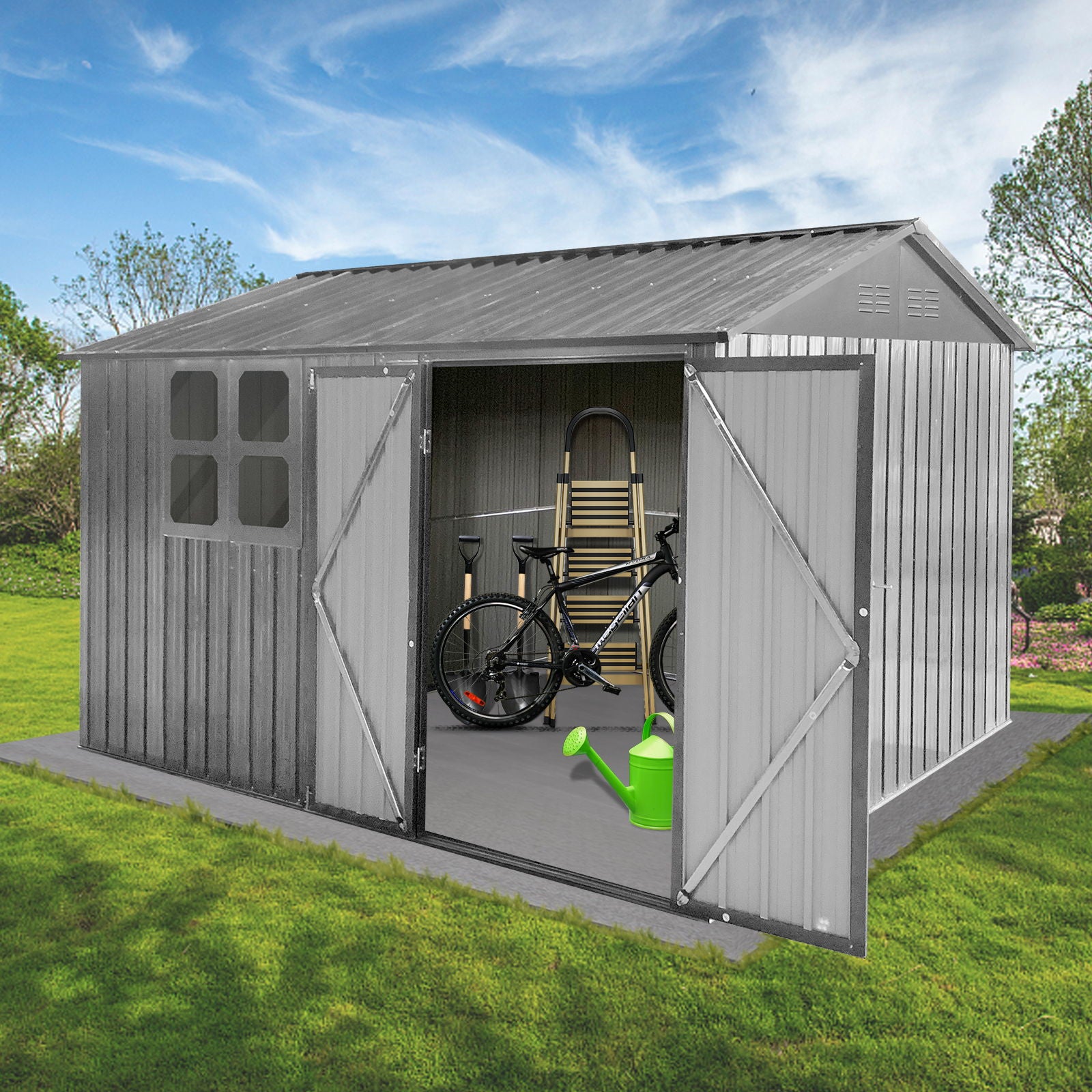 A 10' x 8' Garden Shed with double doors open reveals a black bicycle, stacked wooden chairs, and a green watering can inside, all situated on a grassy lawn under a blue sky.