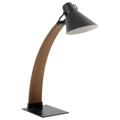 The Noah - Contemporary Table Lamp features a curved wooden base, a sleek black metal lampshade, and a flat rectangular black metal stand for modern appeal.
