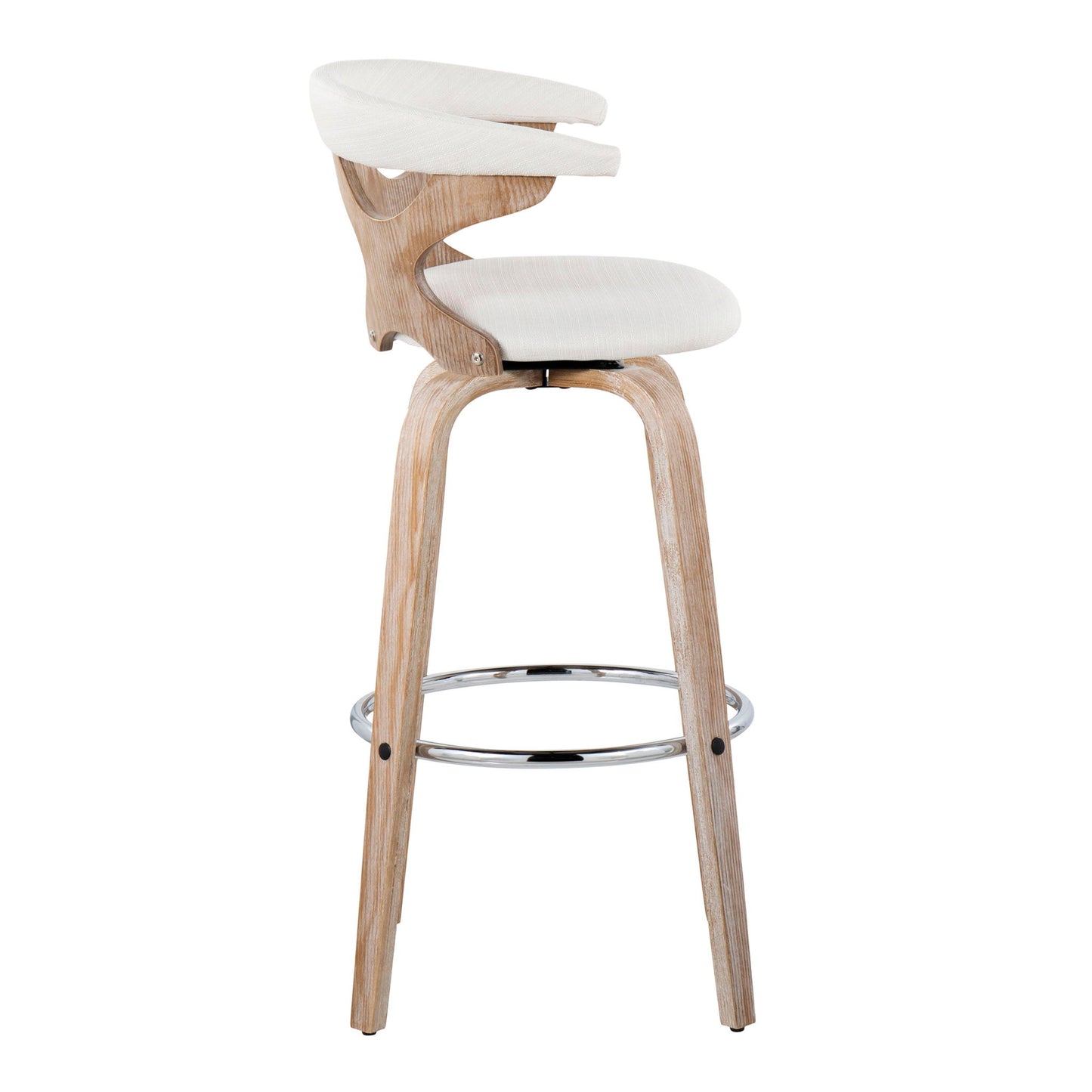 The Gardenia - Contemporary Fixed Height Barstool With Swivel (Set of 2) features a light wood frame, curved backrest, white cushioned seat and back, and a round metal footrest for a sleek, minimalist design.