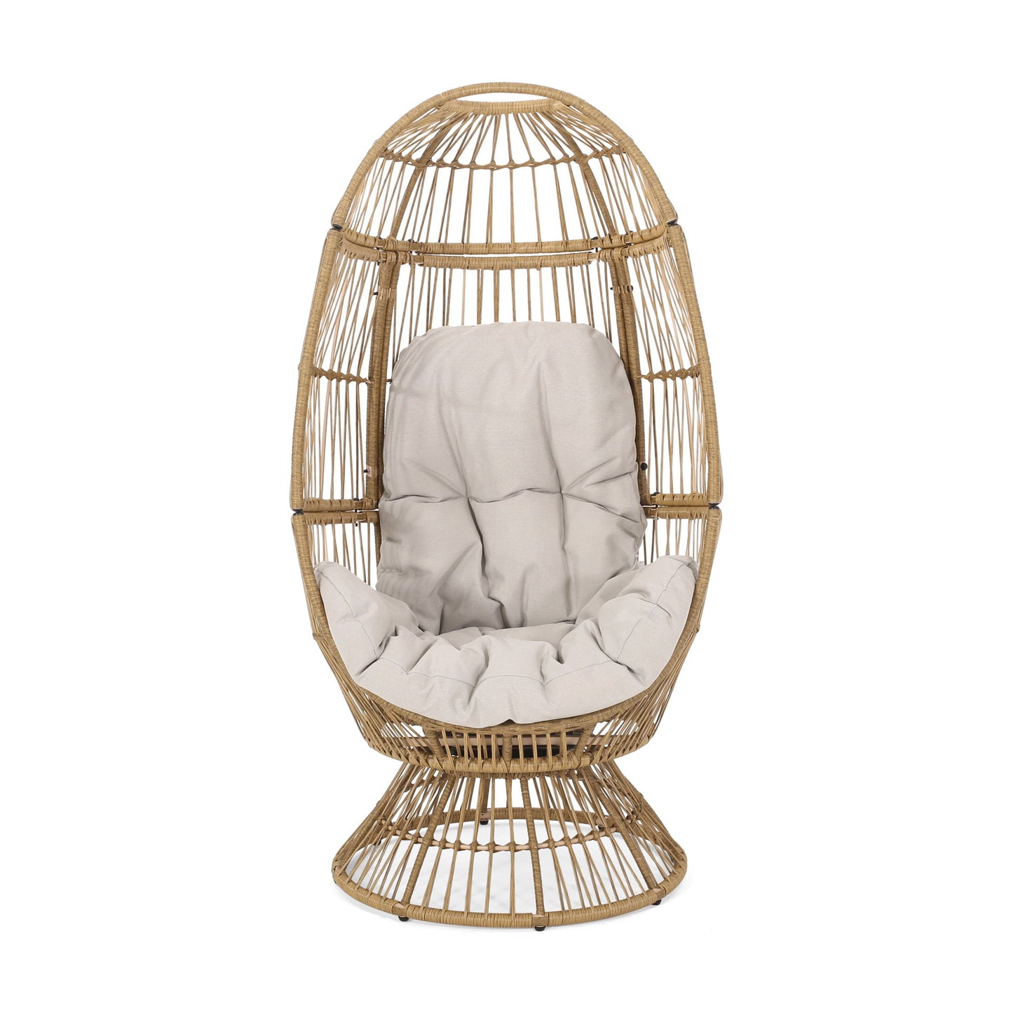 The Patio Swivel Basket Egg Chair With Cushion features an open, woven rattan frame in an egg shape and includes a light beige tufted cushion on the seat and back, shown against a white background.