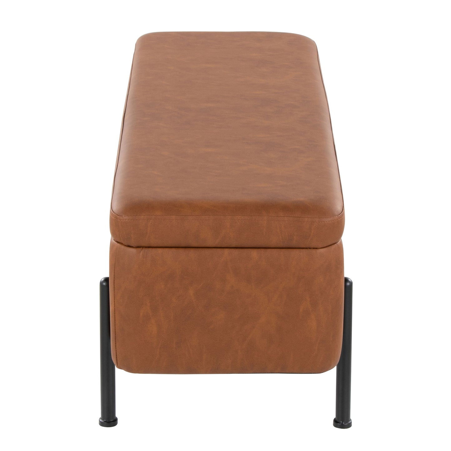 The Daniella Contemporary Storage Bench in Black/Camel features a rectangular, smooth camel leather seat and black metal legs, viewed from the front. Its simple, modern design adds style and function to any space.