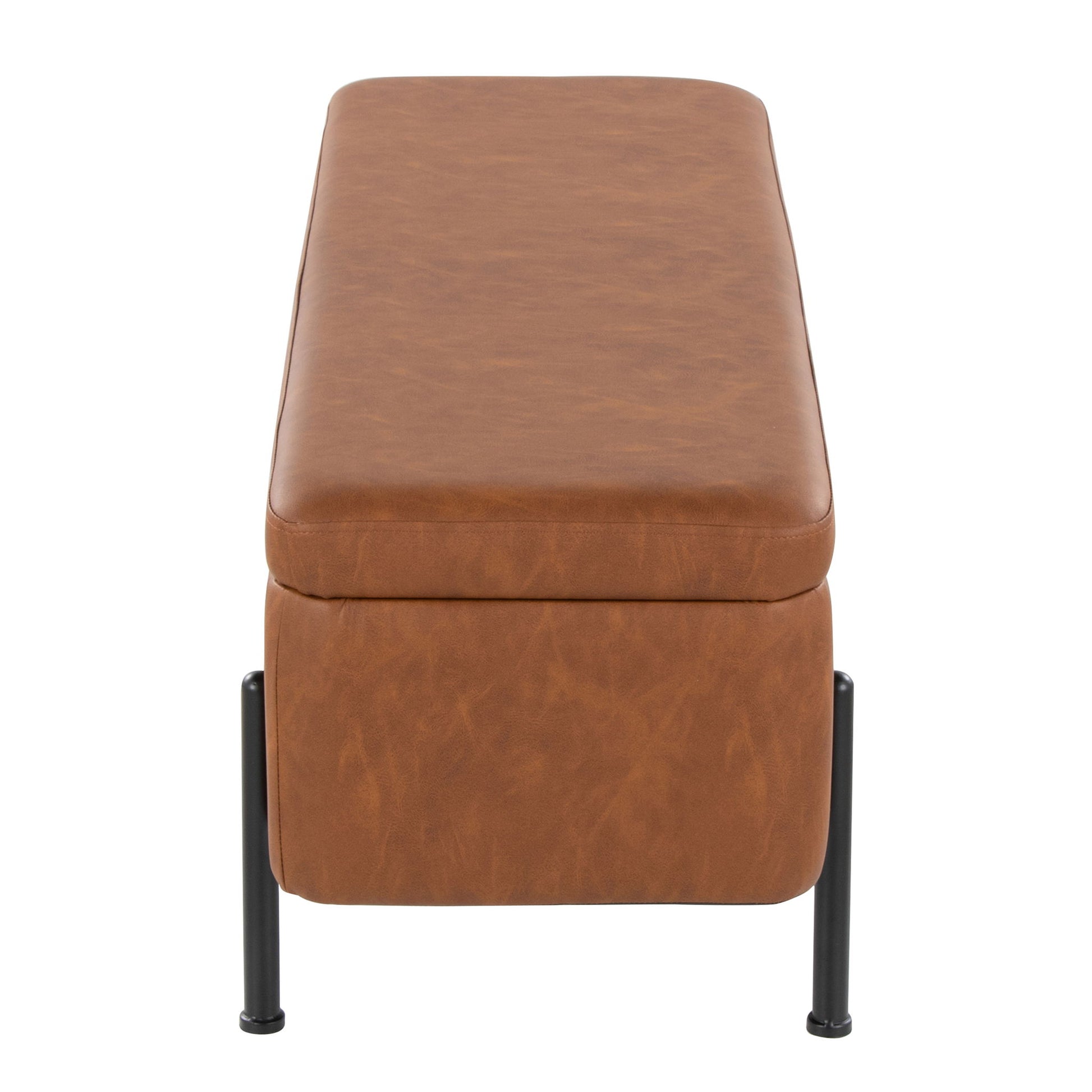 The Daniella Contemporary Storage Bench in Black/Camel features a rectangular, smooth camel leather seat and black metal legs, viewed from the front. Its simple, modern design adds style and function to any space.