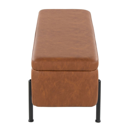 The Daniella Contemporary Storage Bench in Black/Camel features a rectangular, smooth camel leather seat and black metal legs, viewed from the front. Its simple, modern design adds style and function to any space.